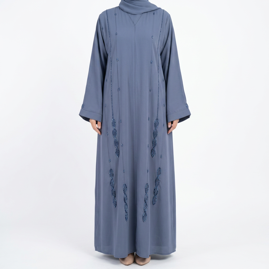 Steel Blue Tonal Cascading Leaf Stripe Abaya