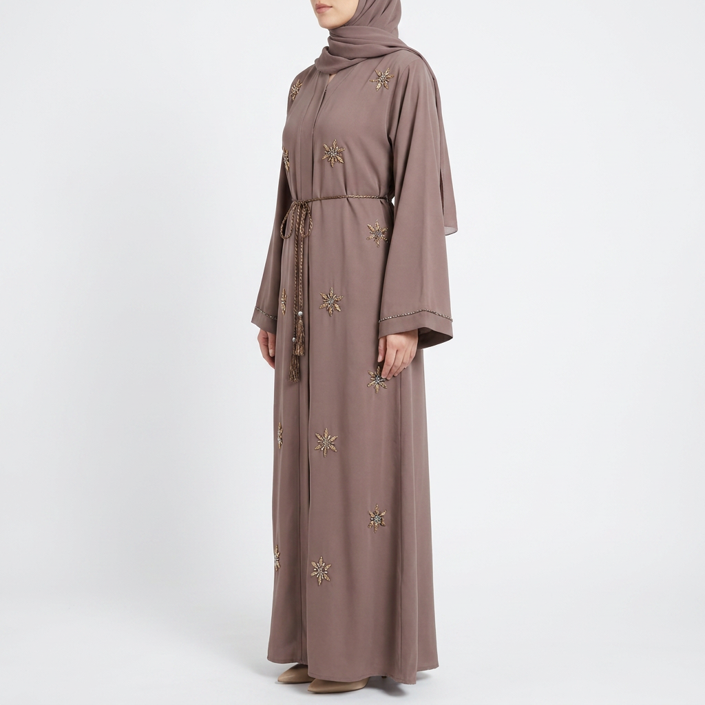 Mink Brown Gold Crystal Starburst Embroidered Open Abaya with Tassel Rope Belt