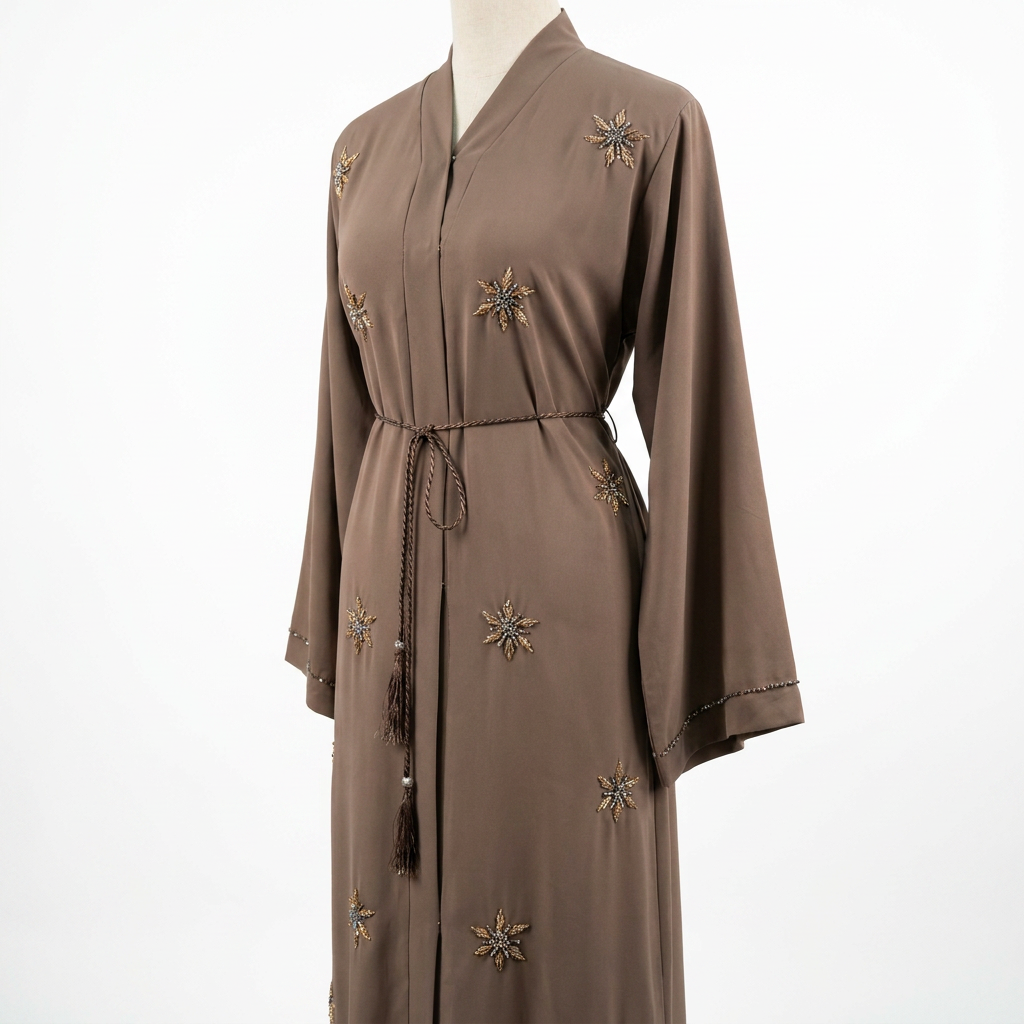 Mink Brown Gold Crystal Starburst Embroidered Open Abaya with Tassel Rope Belt