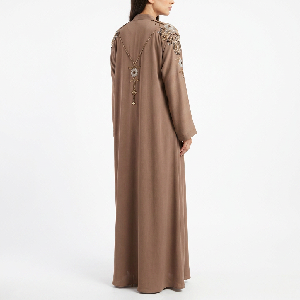 Taupe Gold Silver Beaded Shoulder Flower Abaya