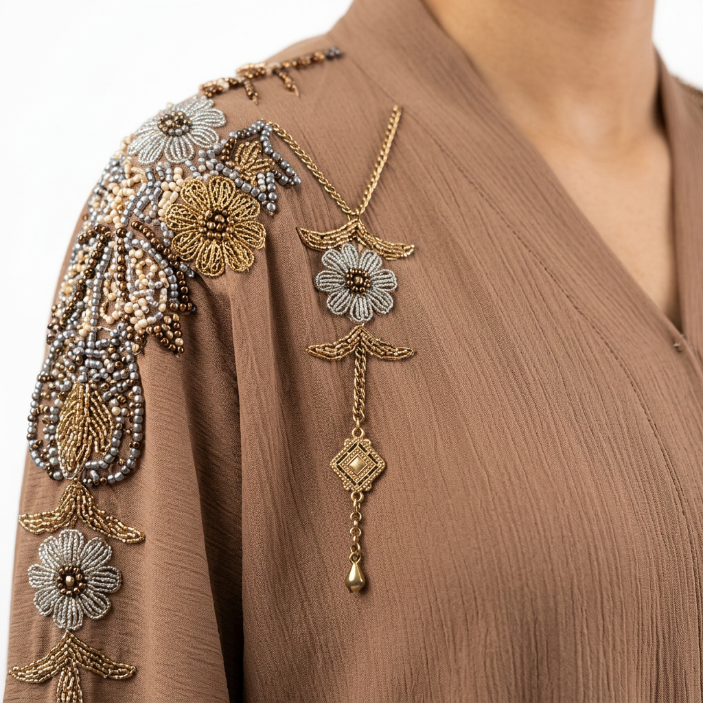 Taupe Gold Silver Beaded Shoulder Flower Abaya