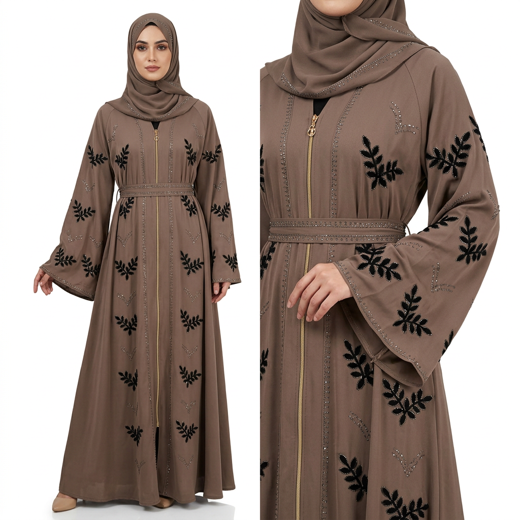 Taupe Black Velvet Leaf Rhinestone Embroidered Zip Front Open Abaya