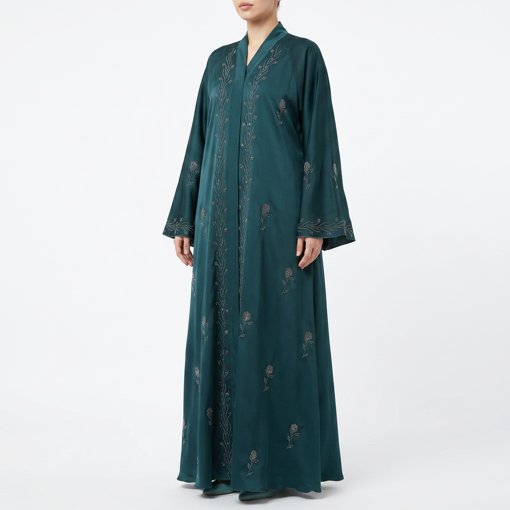 Emerald Green Gold Silver Scattered Floral Vine Abaya