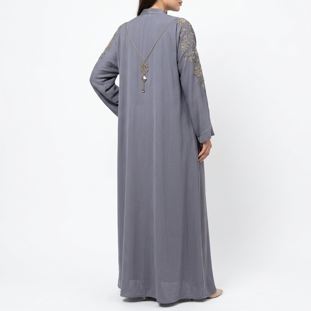 Grey Silver Crystal Floral Shoulder Chain Abaya