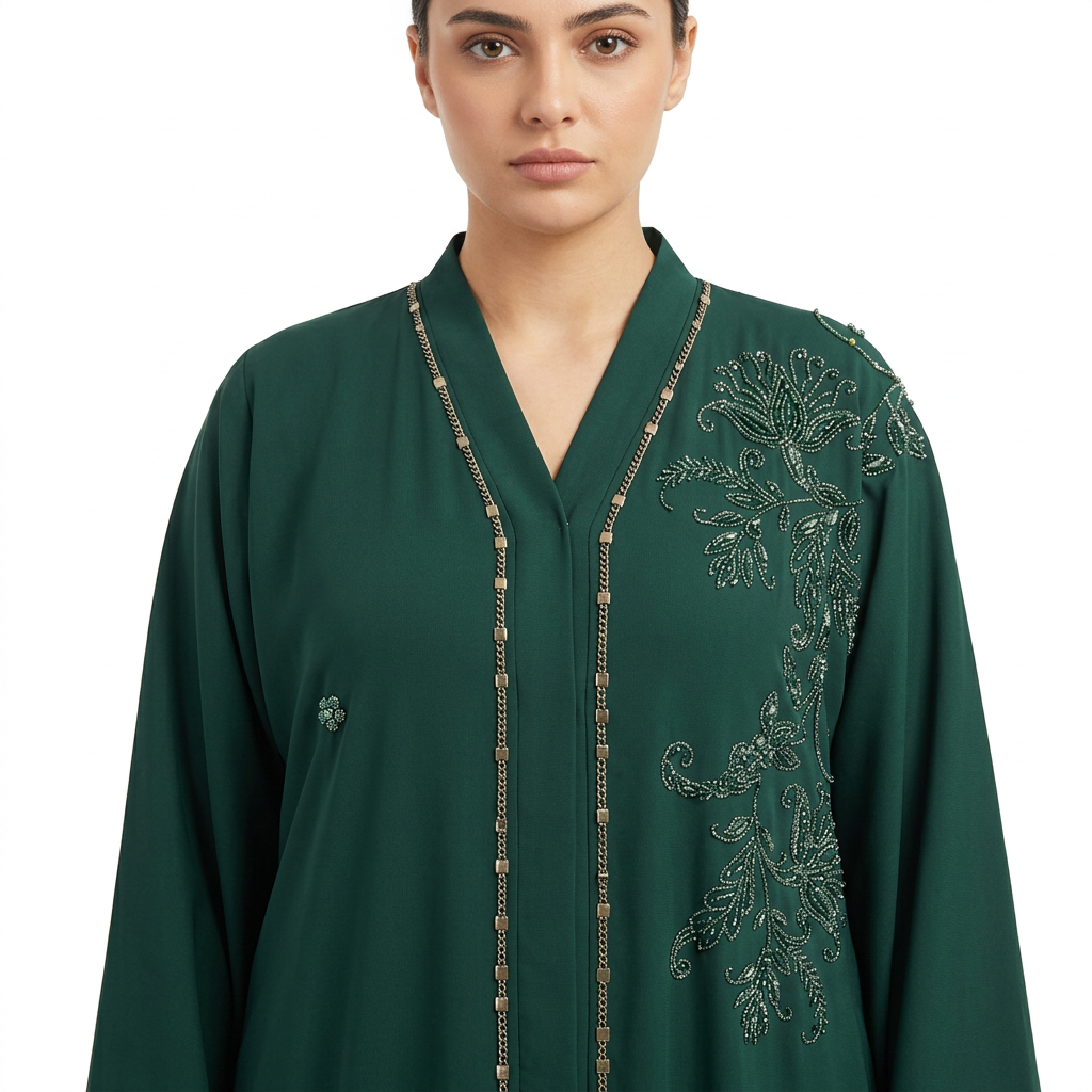 Emerald Green Silver Tonal Paisley Vine Abaya