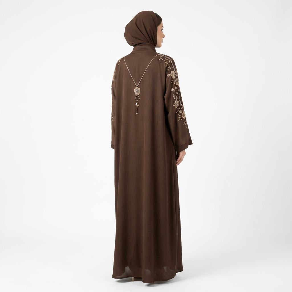 Dark Chocolate Brown Gold Floral Pendant Abaya