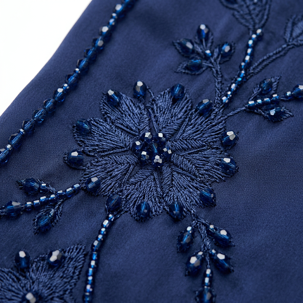 Navy Blue Floral Sequin Embroidered Open Abaya