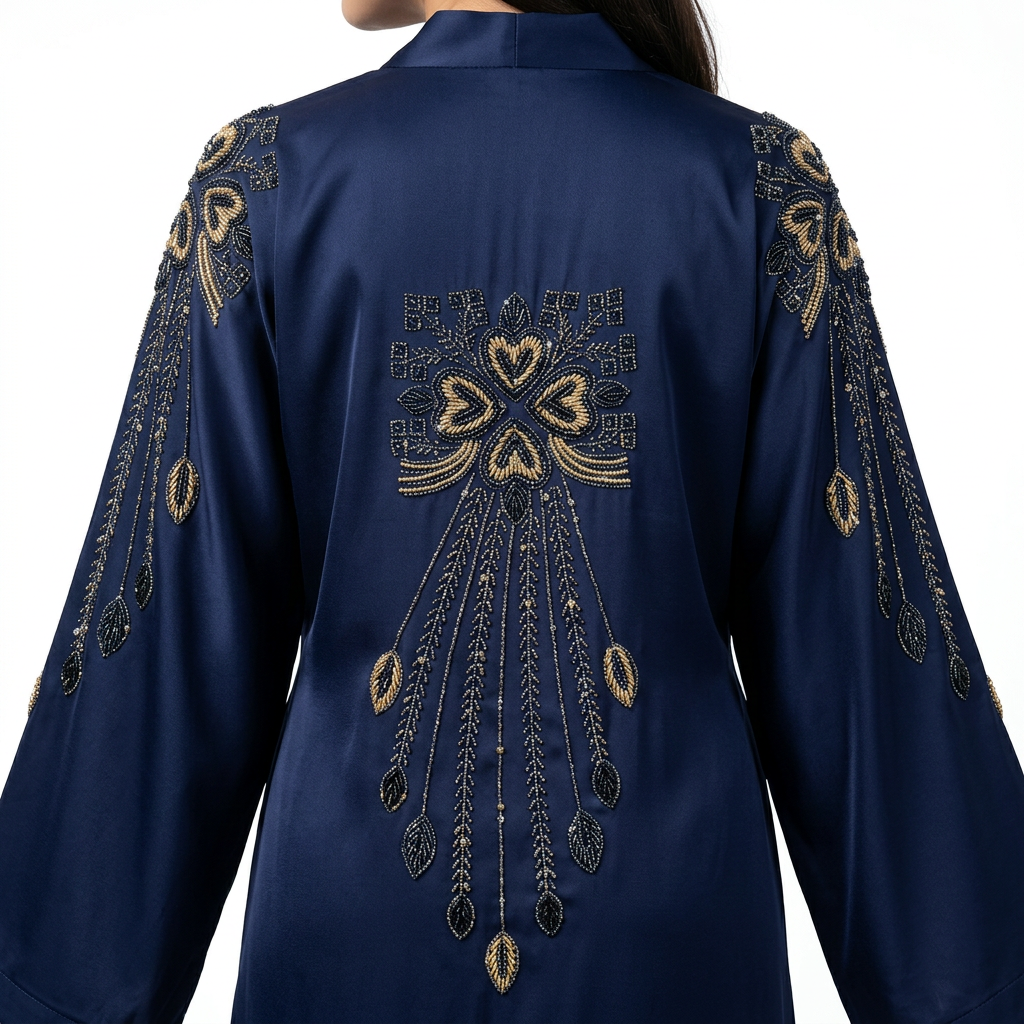 Navy Blue Gold Beaded Chandelier Embroidered Luxury Open Abaya