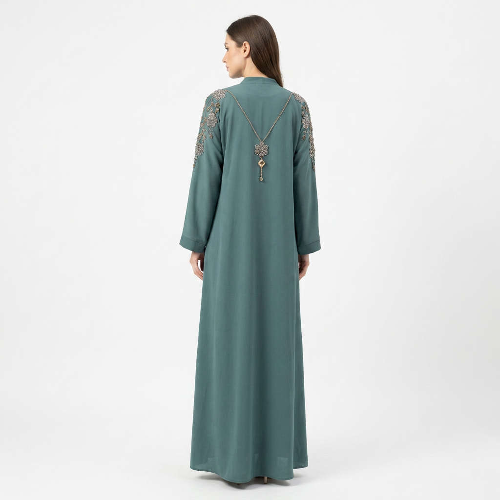 Teal Silver Crystal Floral Shoulder Chain Abaya