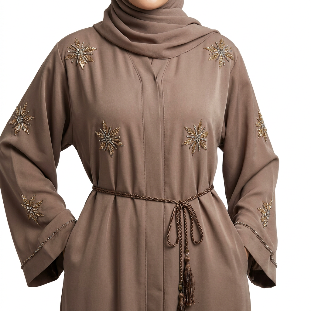 Mink Brown Gold Crystal Starburst Embroidered Open Abaya with Tassel Rope Belt
