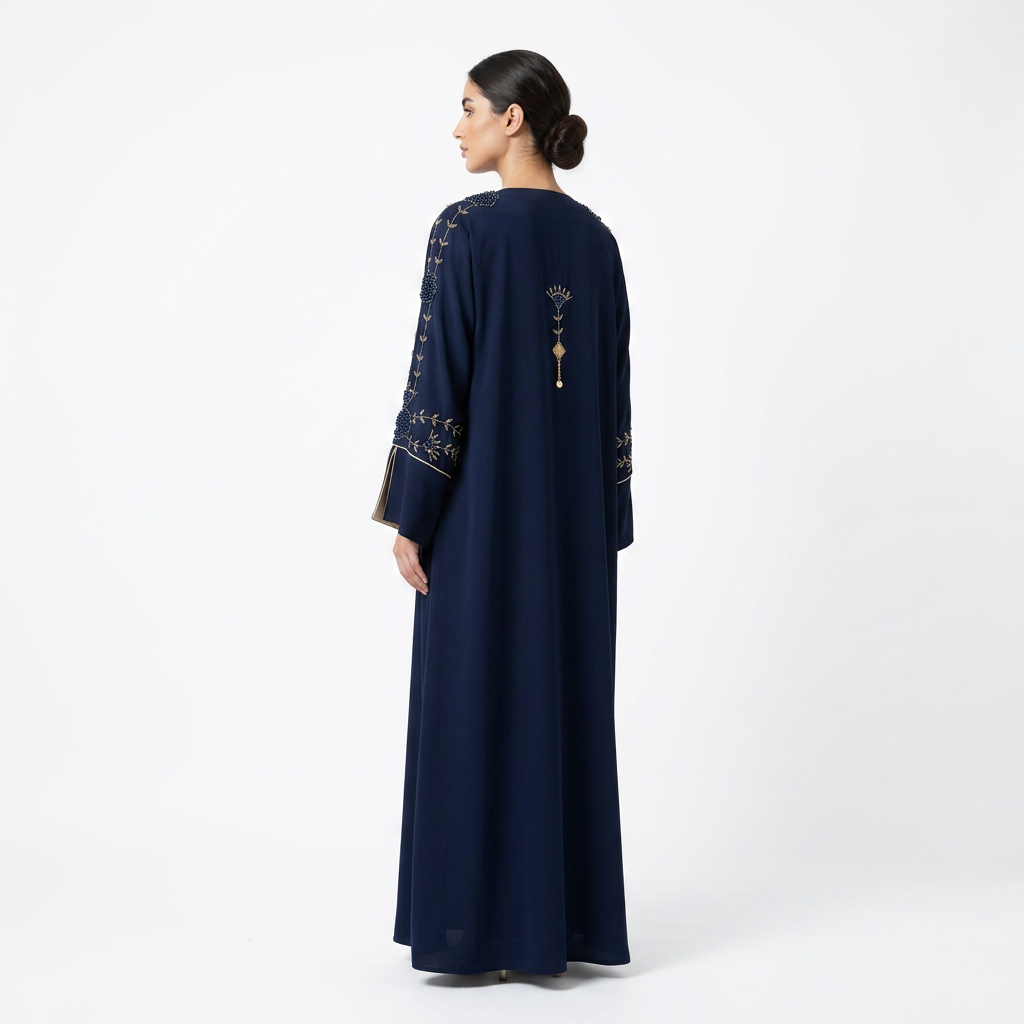 Navy Blue Gold Floral Pearl Abaya