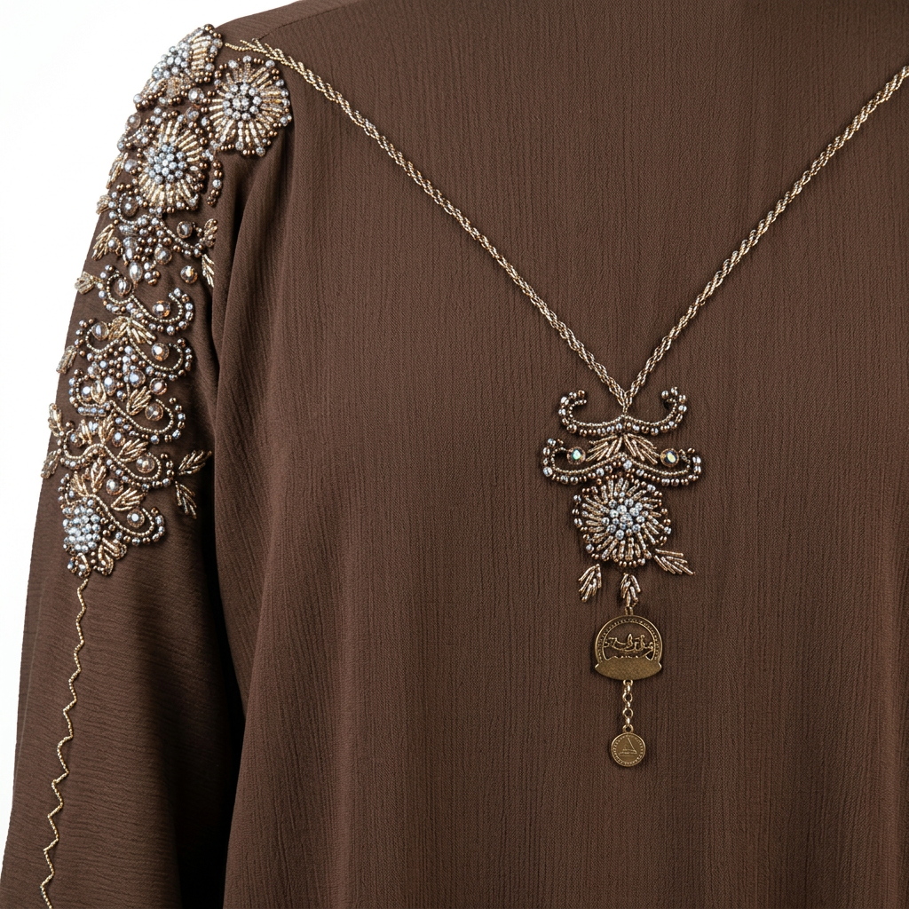 Dark Brown Gold Turquoise Floral Shoulder Necklace Abaya