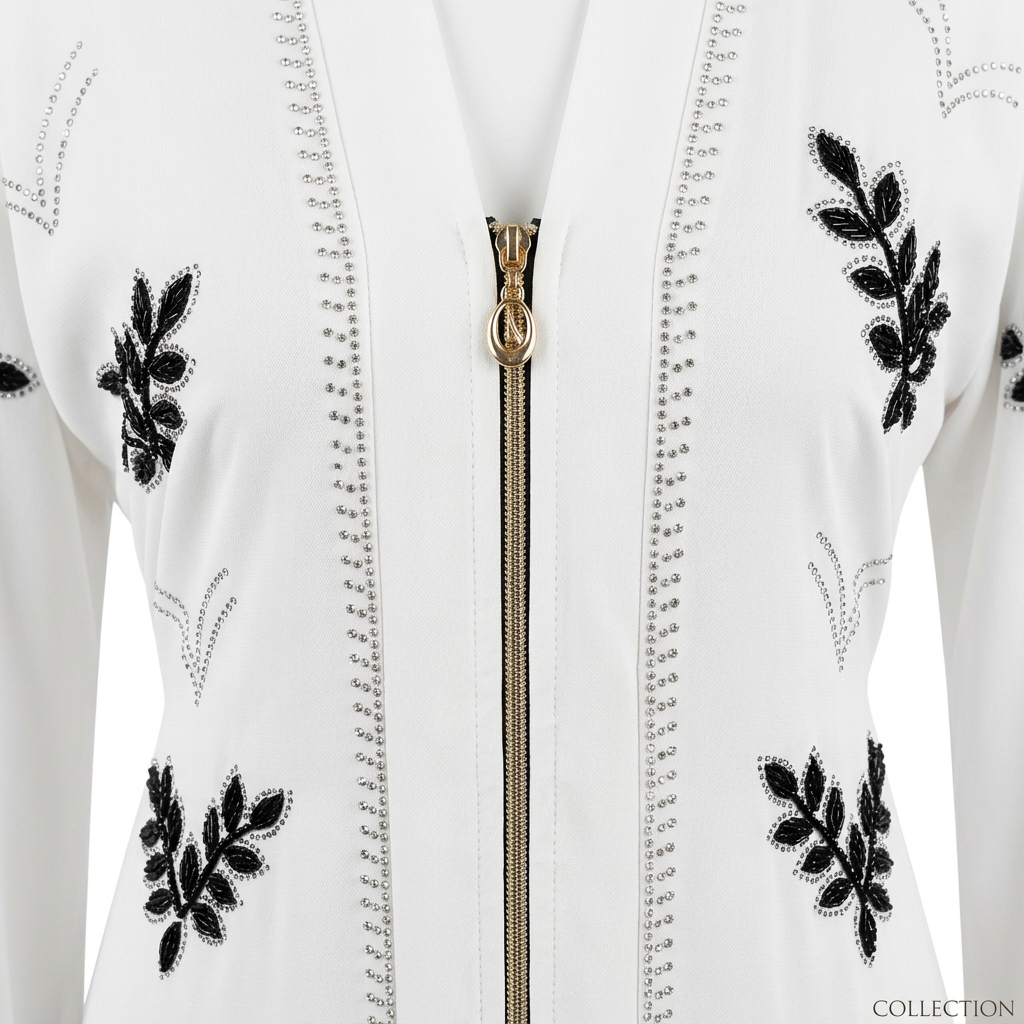 White Black Leaf Embroidered Zip Front Open Abaya with Braided Belt