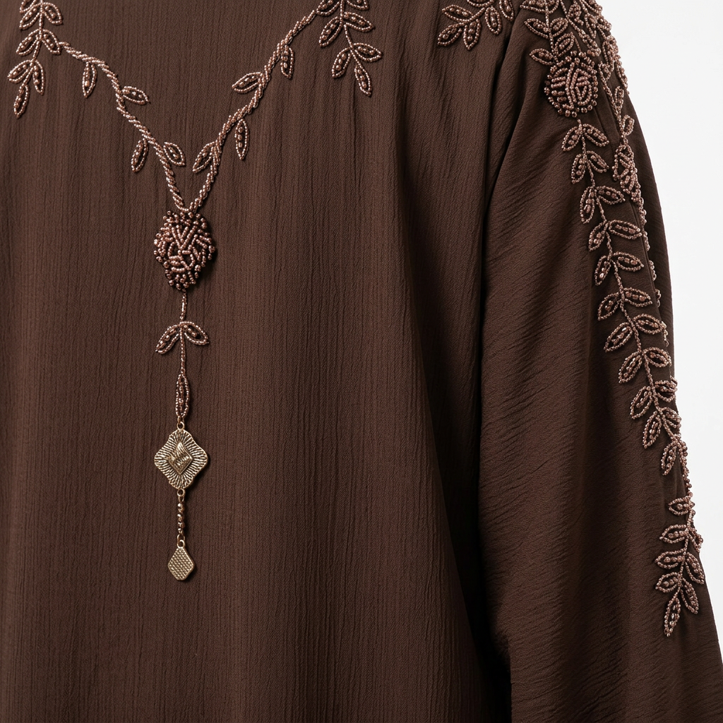 Dark Brown Tonal Leaf Shoulder Pendant Abaya