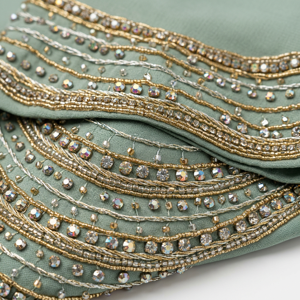 Mint Green Gold Beaded Trim Panel Open Abaya with Belt