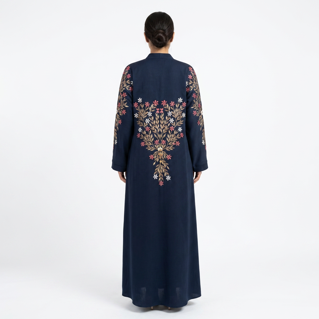 Navy Blue Gold Pink Floral Tree Embroidered Back Abaya