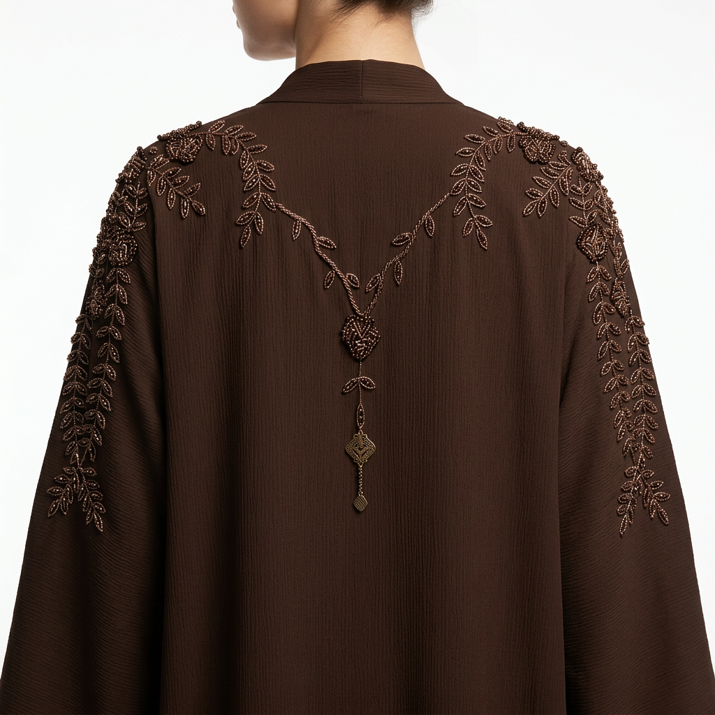 Dark Brown Tonal Leaf Shoulder Pendant Abaya