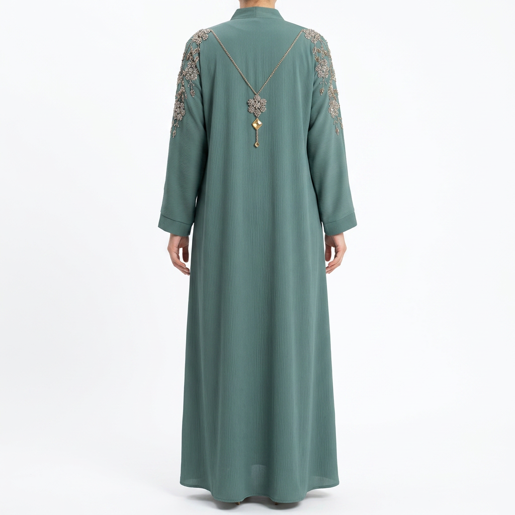 Teal Silver Crystal Floral Shoulder Chain Abaya