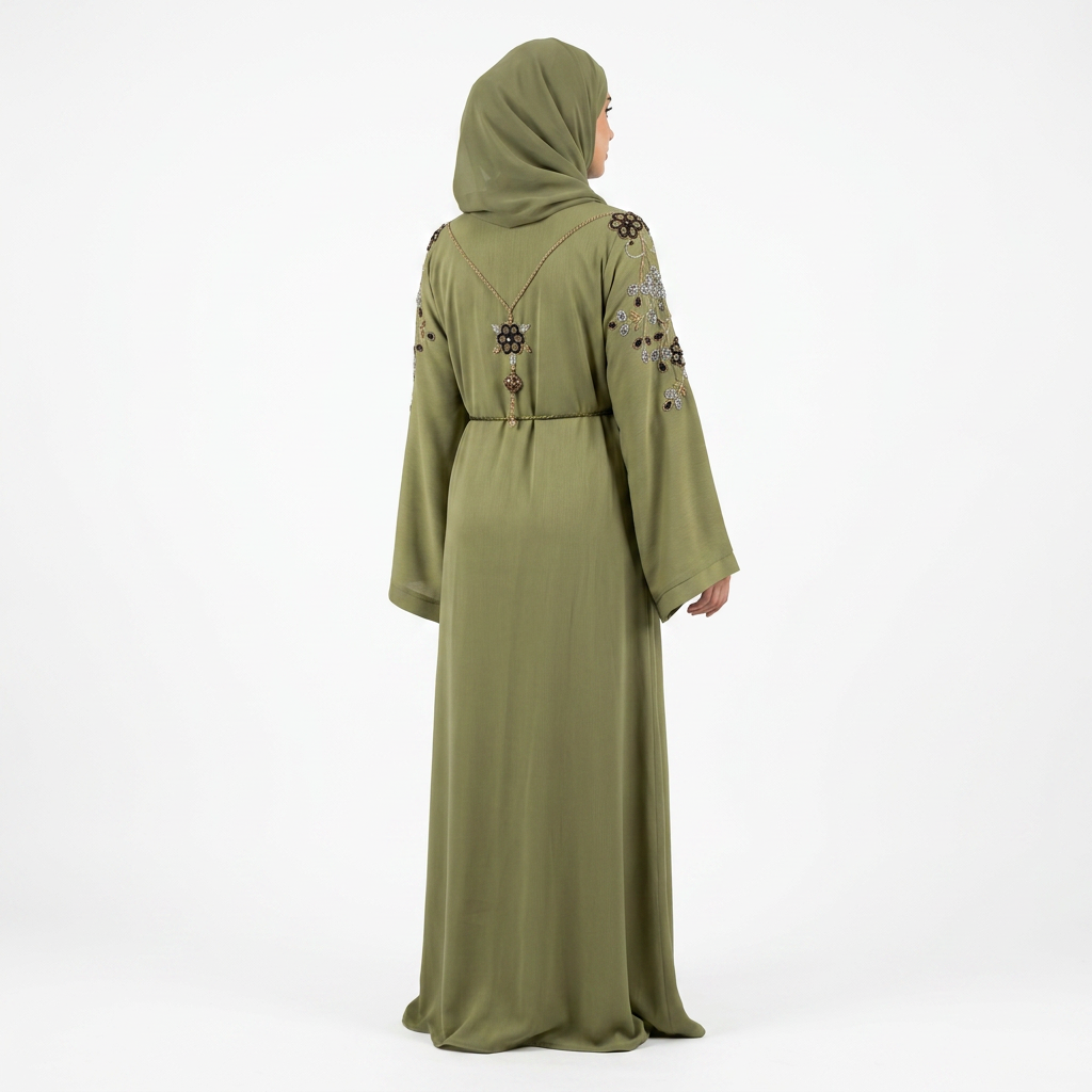 Sage Green Crystal Floral Embroidered Abaya with Back Chain Necklace Detail
