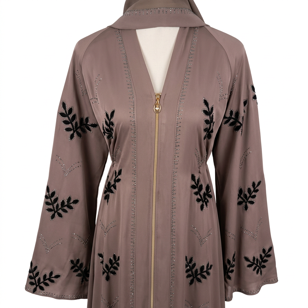 Taupe Black Velvet Leaf Rhinestone Embroidered Zip Front Open Abaya