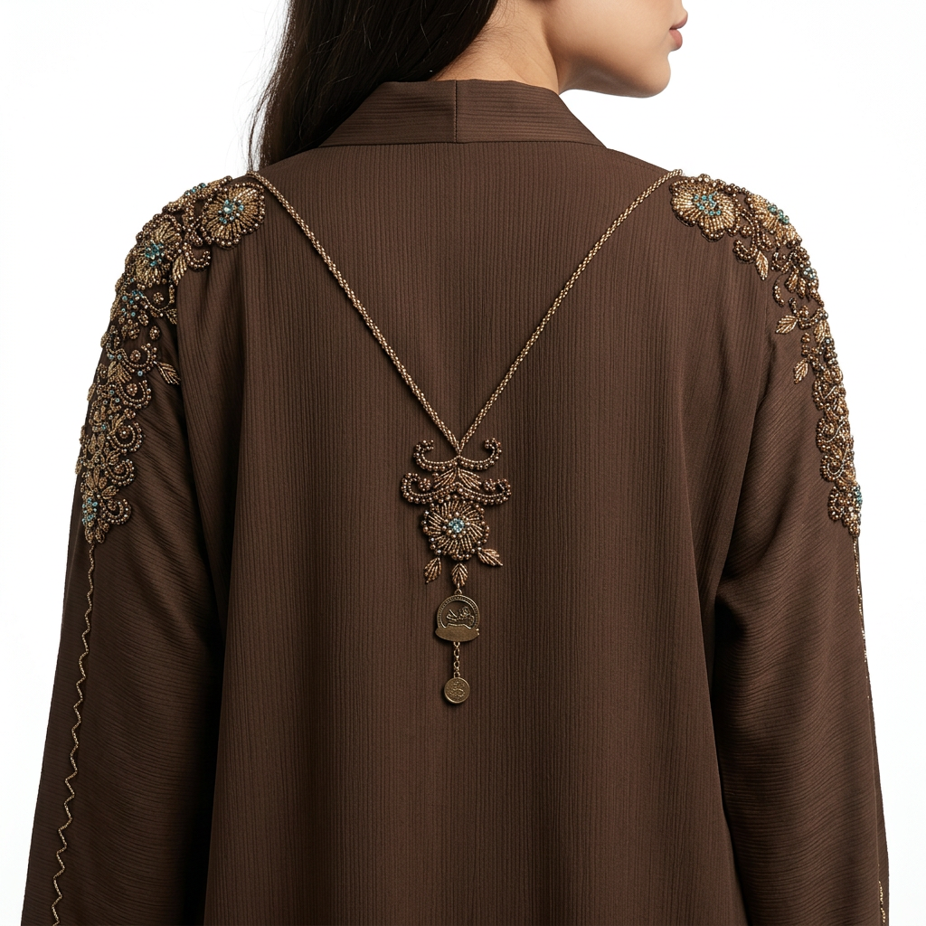 Dark Brown Gold Turquoise Floral Shoulder Necklace Abaya