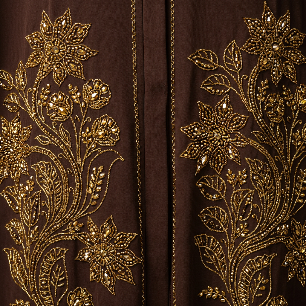 Dark Brown Gold Purple Lily Bouquet Hem Abaya