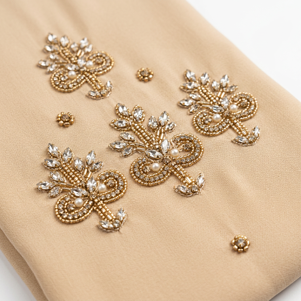 Sand Beige Silver Crystal Tree Motif Scattered Abaya