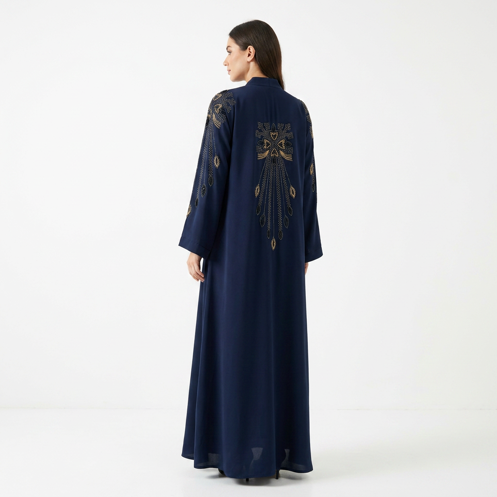 Navy Blue Abaya with Gold Beaded Embroidery