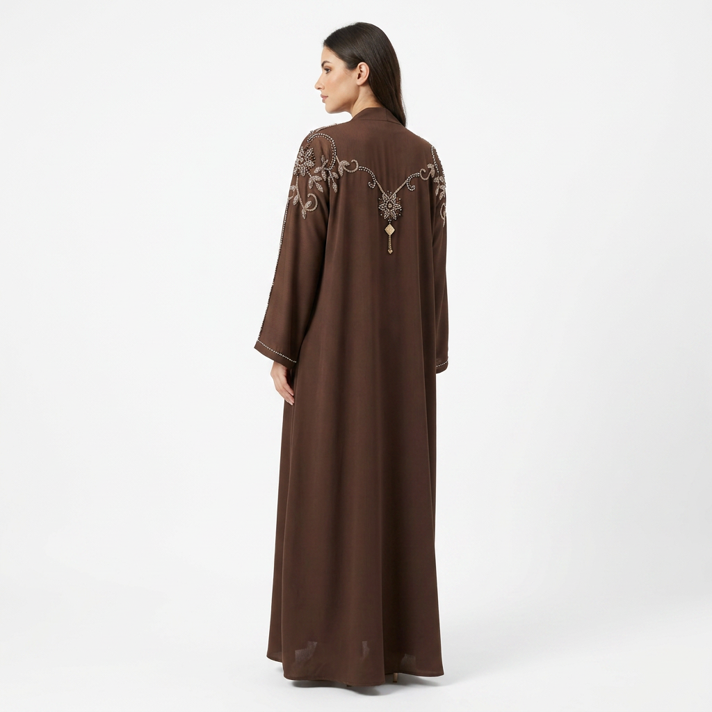 Dark Brown Gold Silver Crystal Swirl Shoulder Abaya