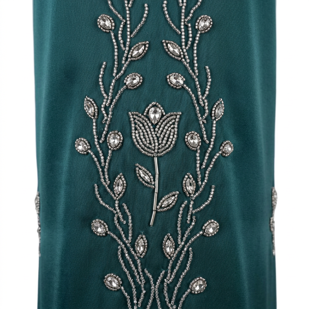 Emerald Green Gold Silver Scattered Floral Vine Abaya
