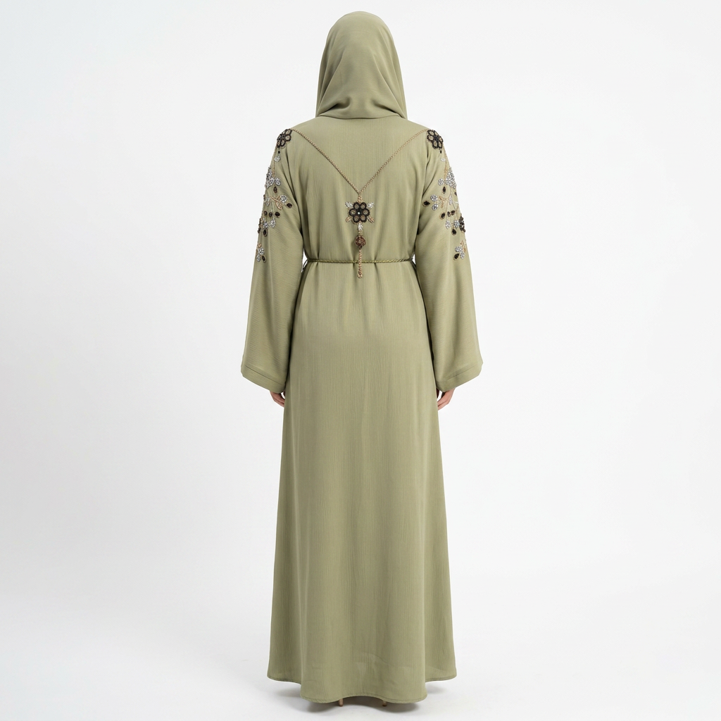 Sage Green Crystal Floral Embroidered Abaya with Back Chain Necklace Detail