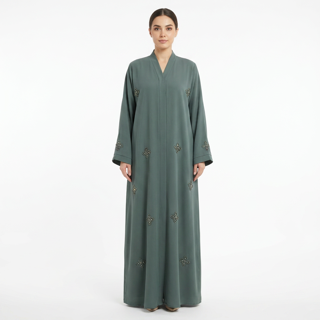 Sage Green Silver Crystal Four Petal Scattered Abaya