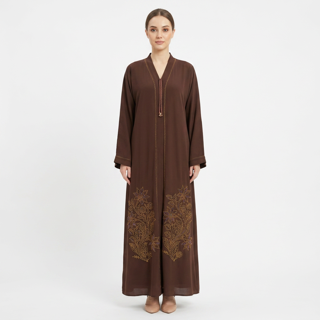 Dark Brown Gold Purple Lily Bouquet Hem Abaya
