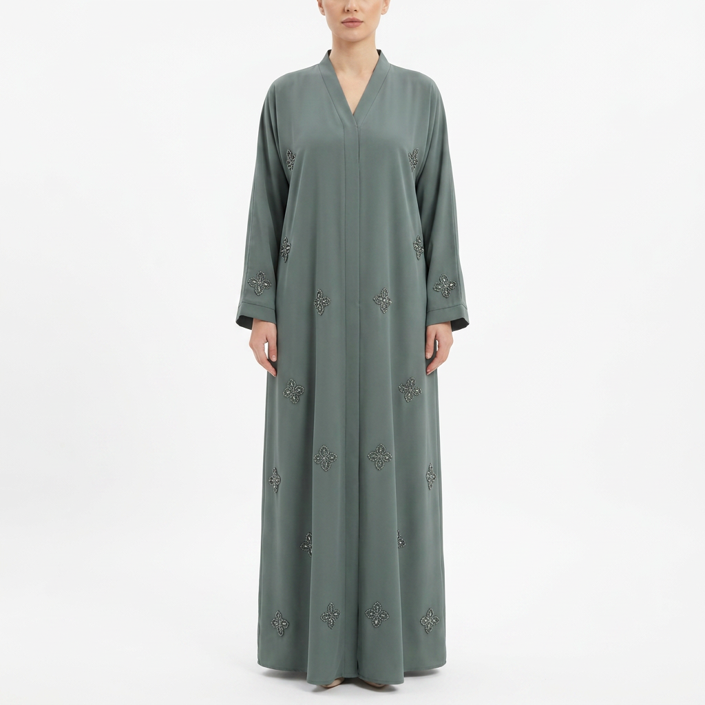 Sage Green Crystal Four Petal Abaya
