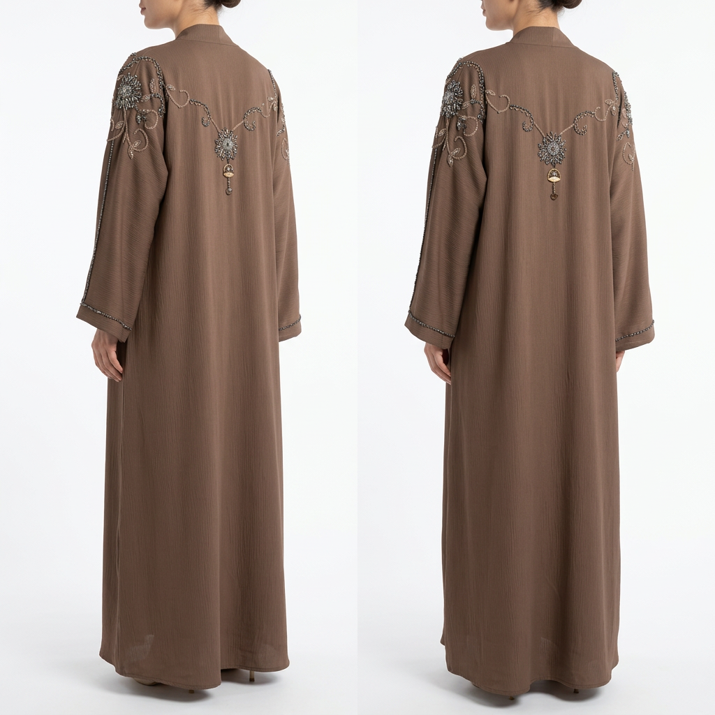 Mocha Brown Silver Sunburst Swirl Shoulder Abaya
