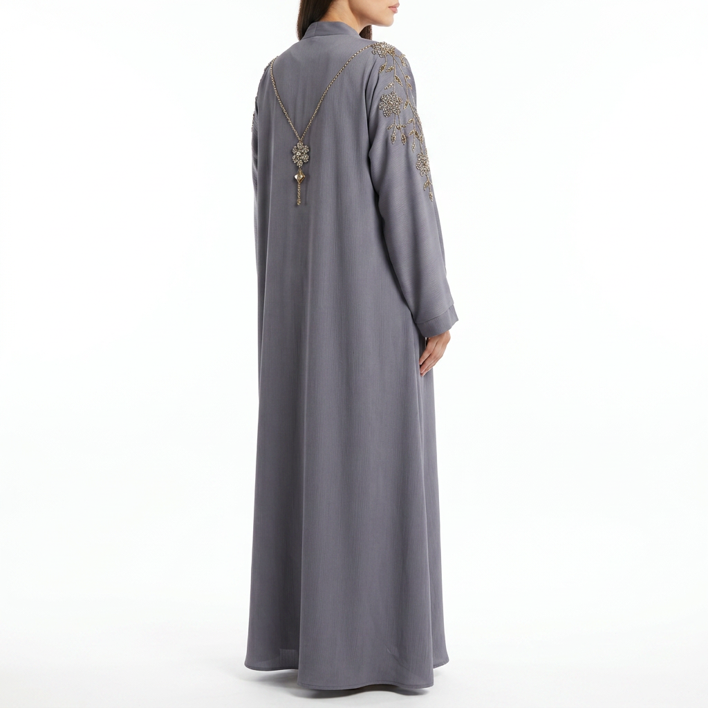 Grey Silver Crystal Floral Shoulder Chain Abaya