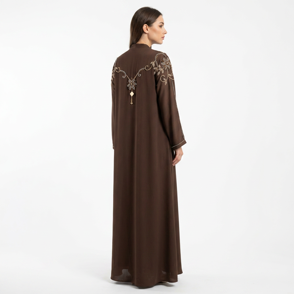Dark Brown Gold Silver Crystal Swirl Shoulder Abaya