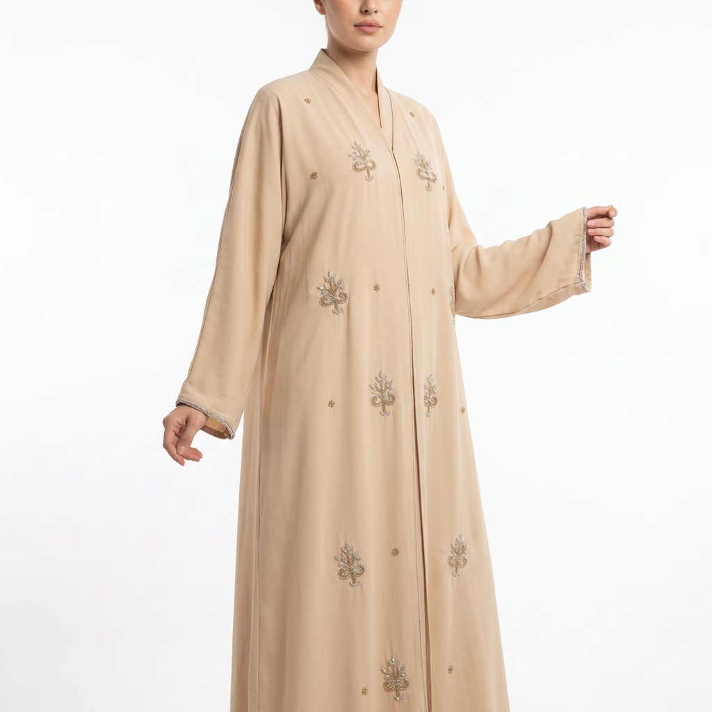 Sand Beige Silver Crystal Tree Motif Scattered Abaya