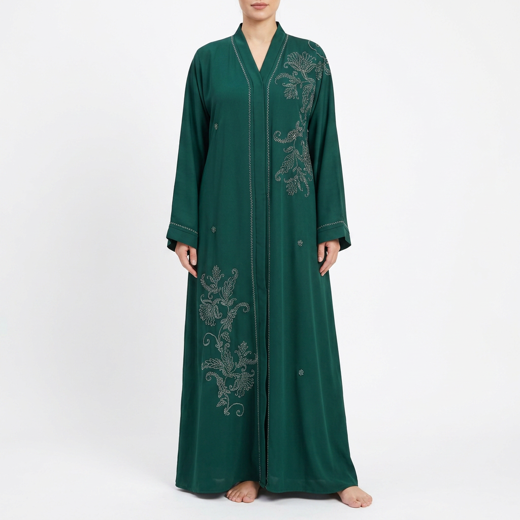 Emerald Green Silver Tonal Paisley Vine Abaya