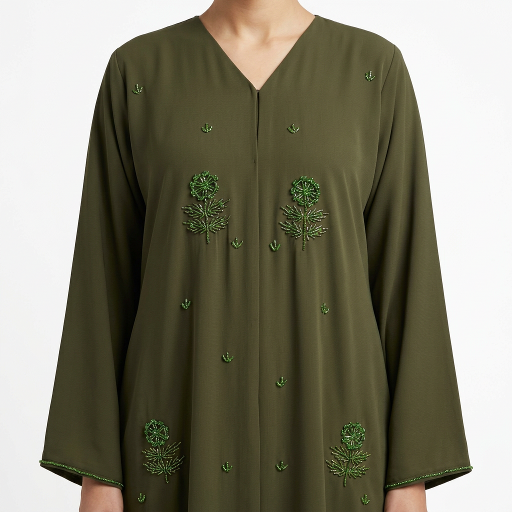 Olive Green Tonal Leaf Tree Scattered Abaya
