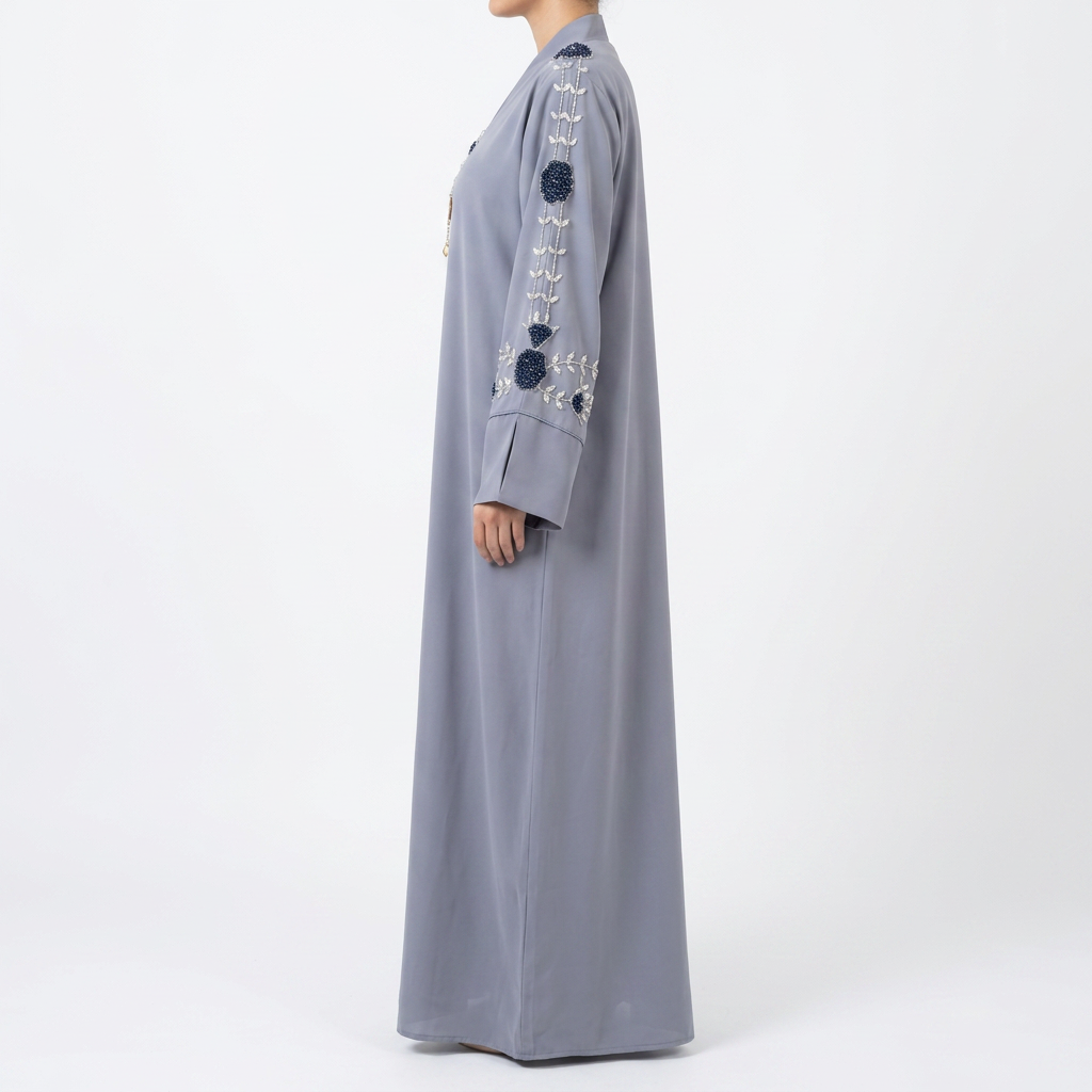 Grey Blue Floral Beaded Abaya