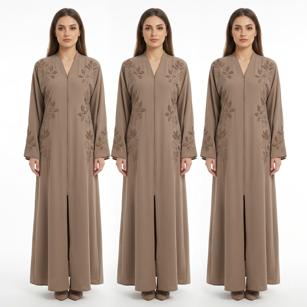 Mocha Brown Gold Leaf Beaded Embroidered Hooded Open Abaya