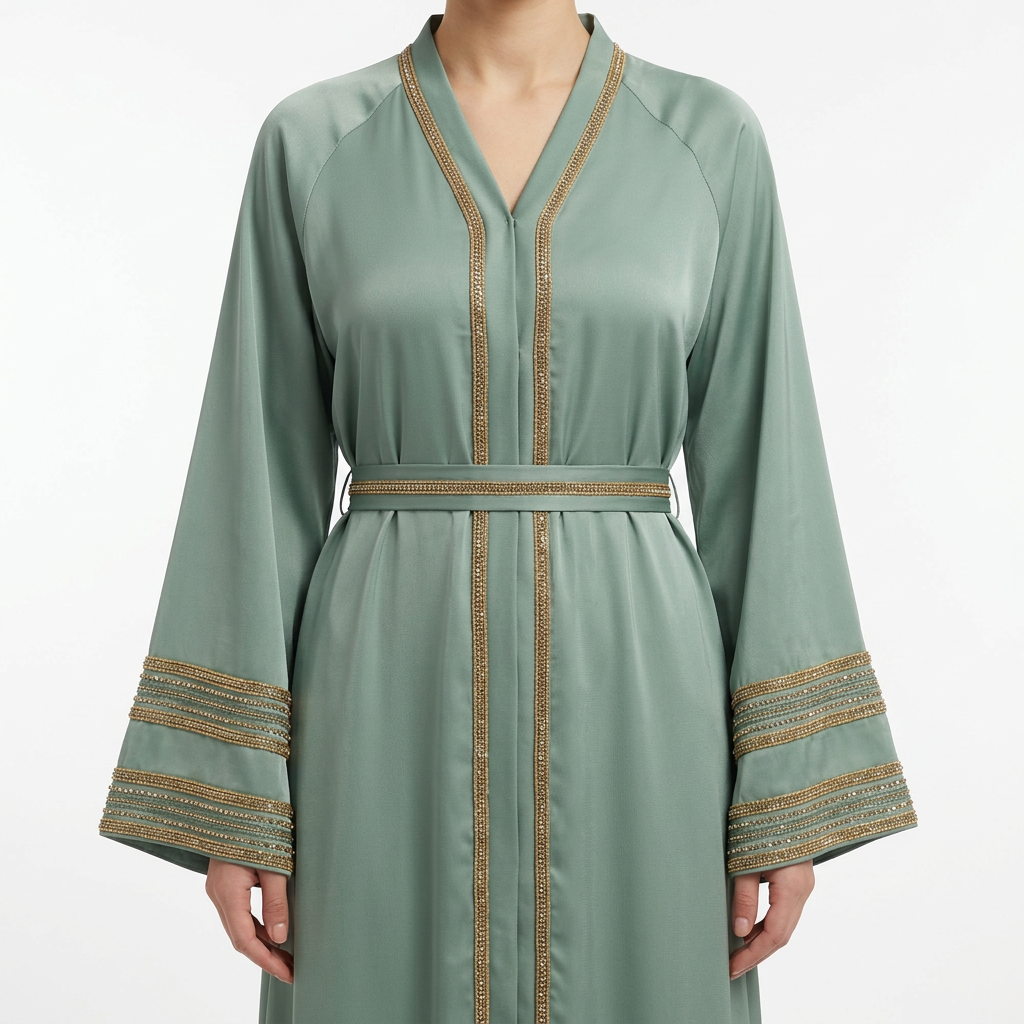 Mint Green Gold Beaded Trim Panel Open Abaya with Belt