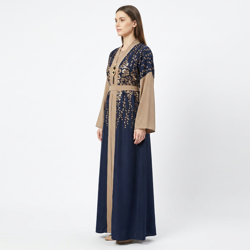 Navy Blue Gold Jacquard Floral Two-Tone Abaya with Statement Pendant Belt