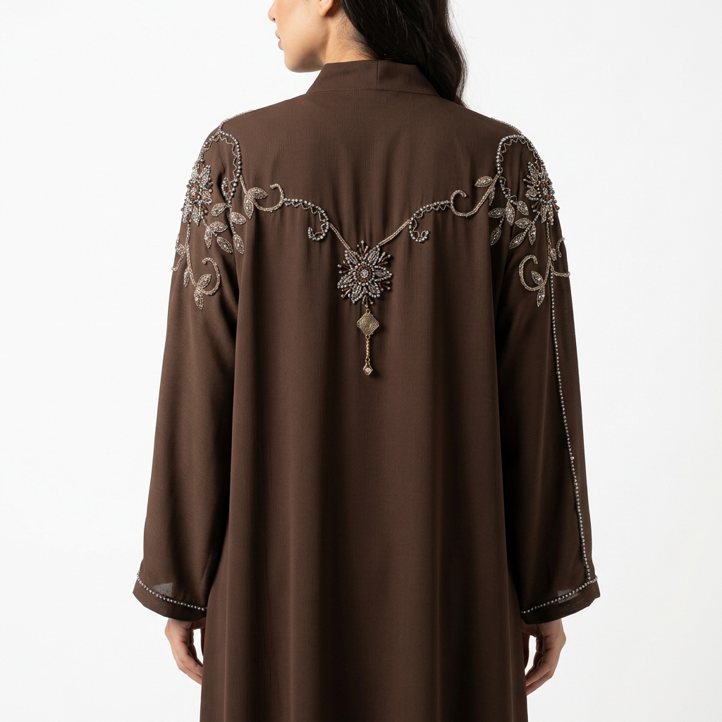 Dark Brown Gold Silver Crystal Swirl Shoulder Abaya