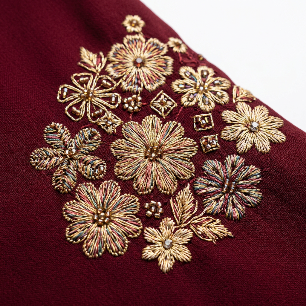 Deep Red Burgundy Gold Floral Sleeve Scallop Abaya