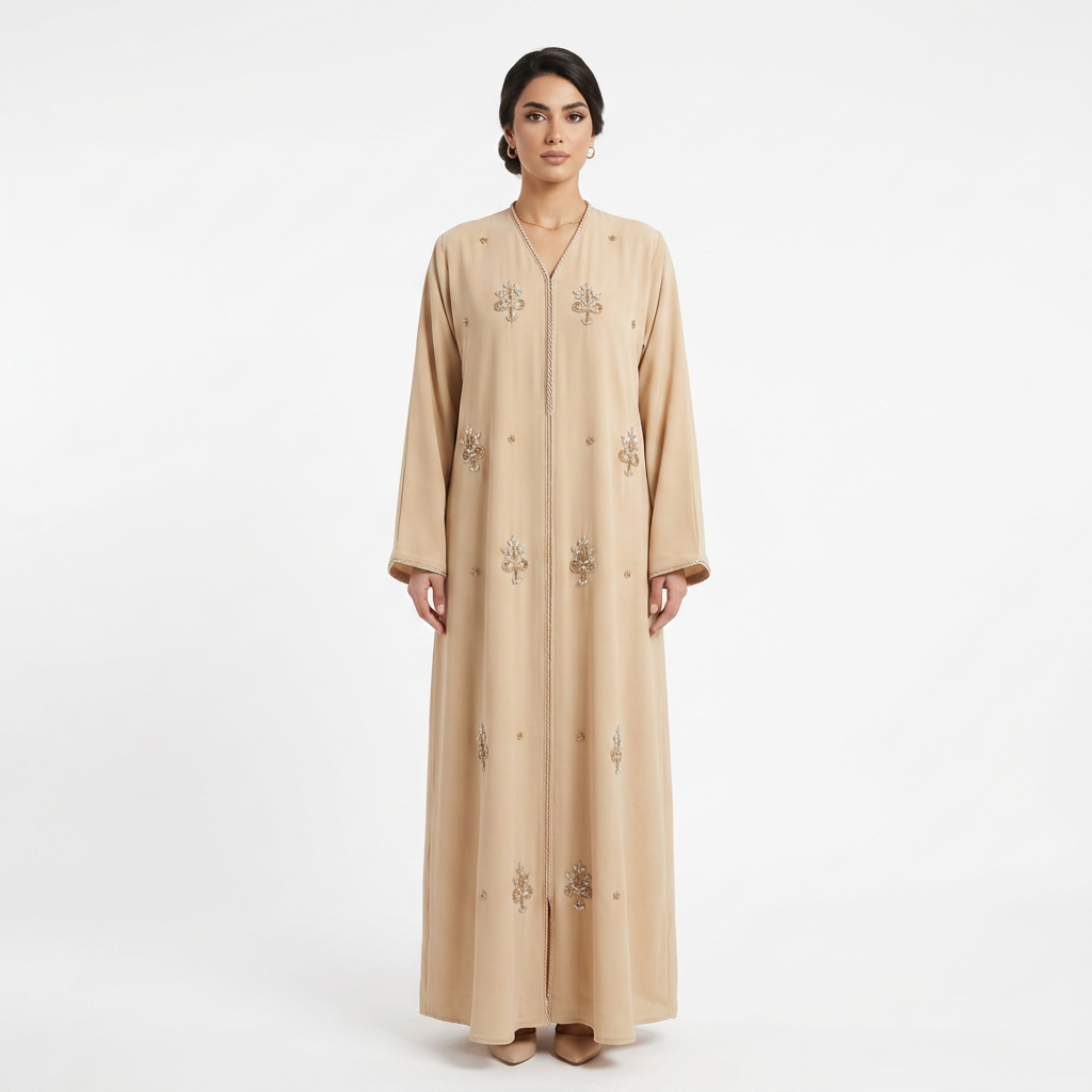 Sand Beige Silver Crystal Tree Motif Scattered Abaya