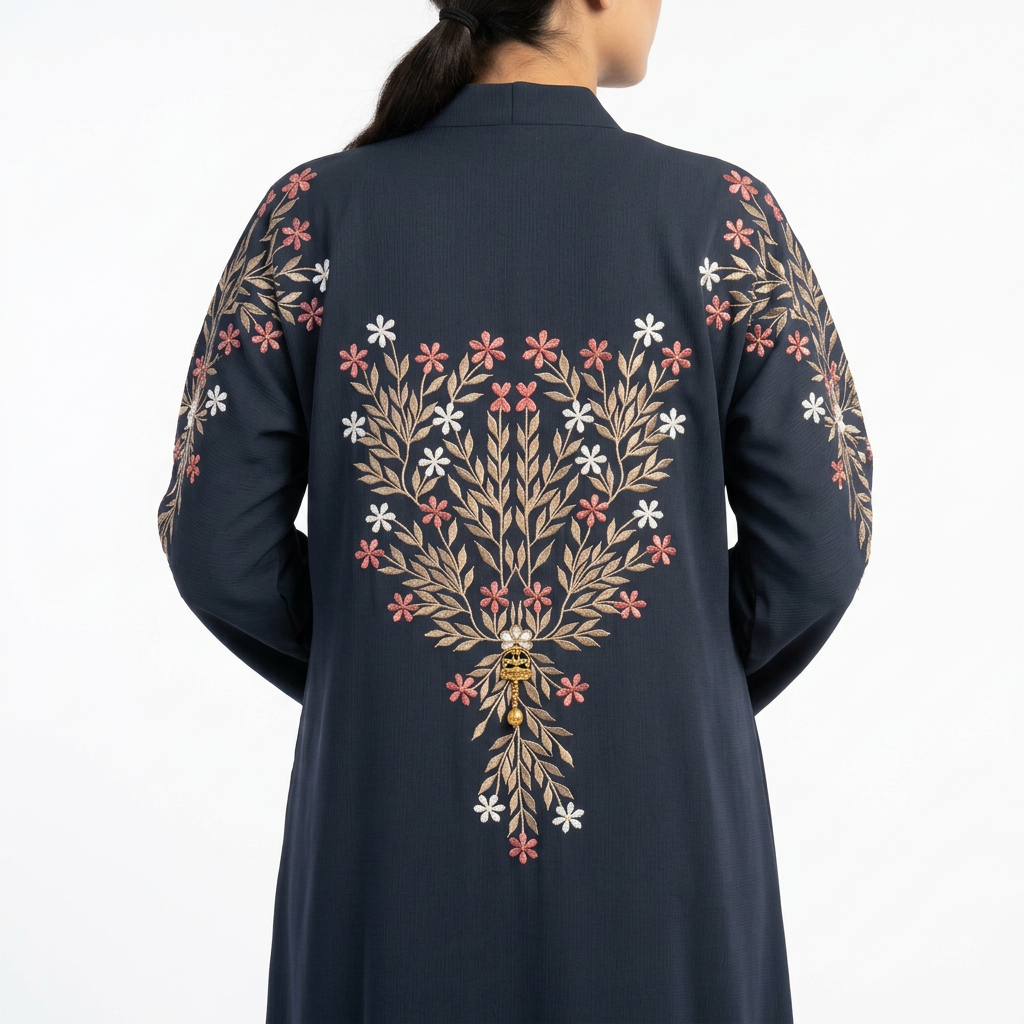Navy Blue Gold Pink Floral Tree Embroidered Back Abaya
