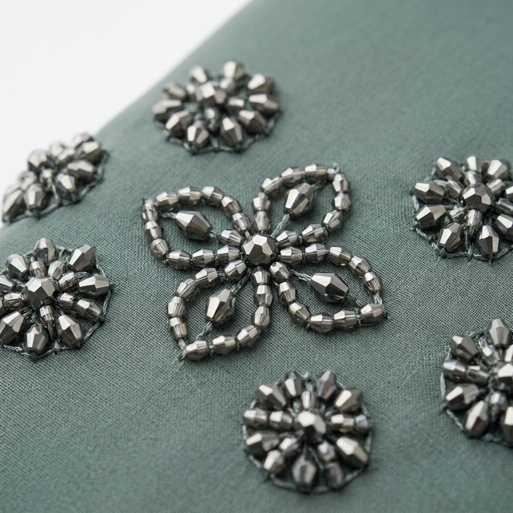 Sage Green Silver Crystal Four Petal Scattered Abaya