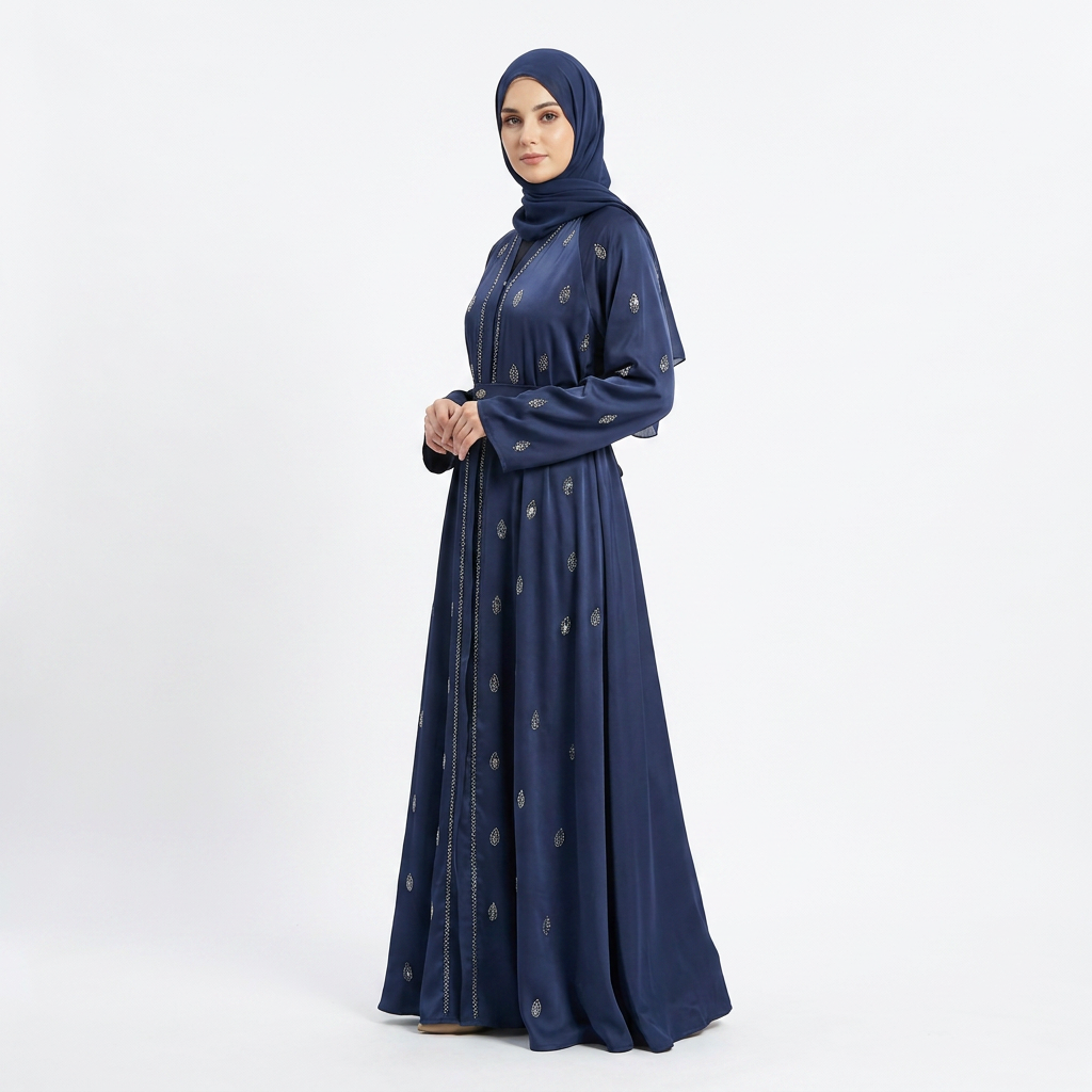 Navy Blue Gold Scattered Motif Crystal Embroidered Open Abaya with Rope Belt
